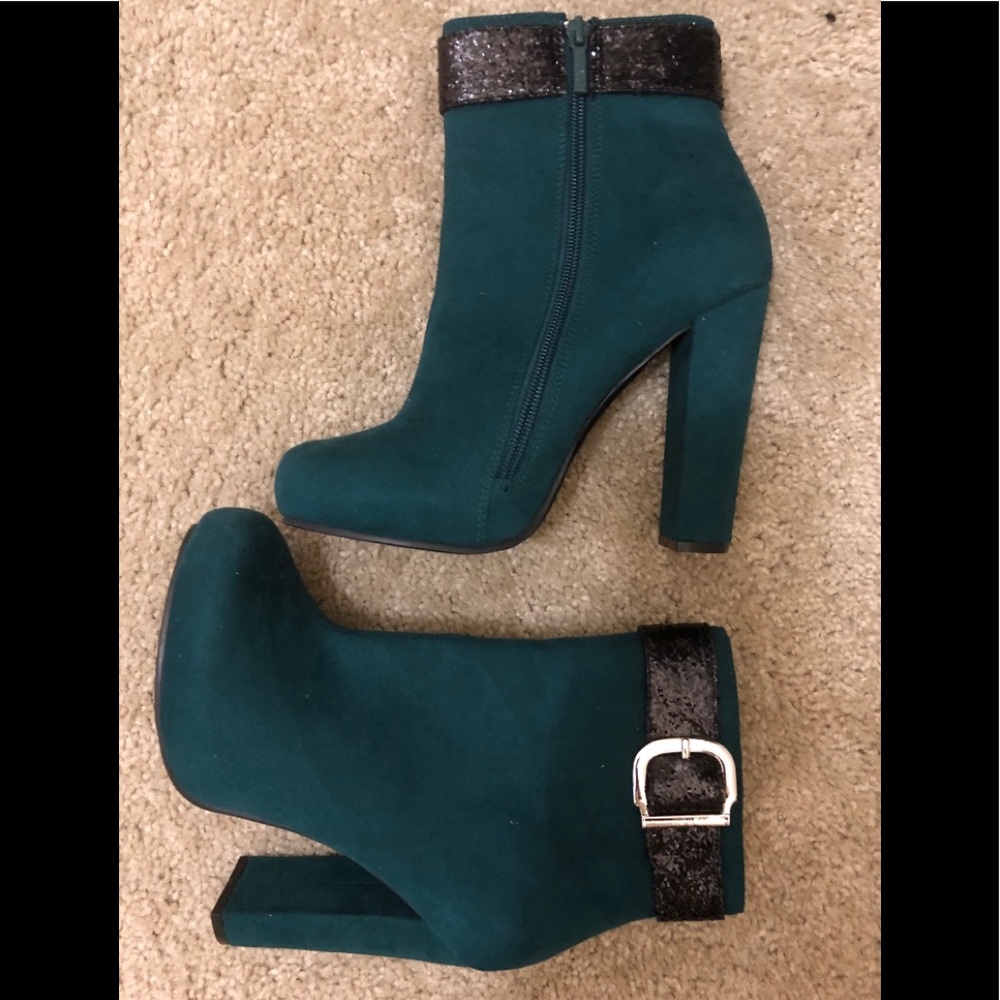 Hunter Green Faux Suede Booties & 4 1/2 inch heel